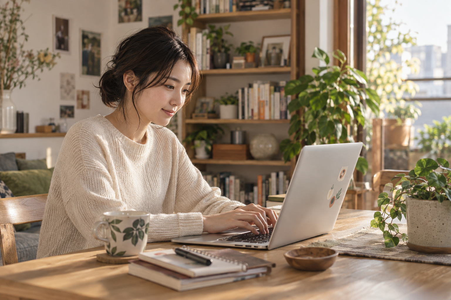 自然光の入る部屋で制作を楽しむ女性