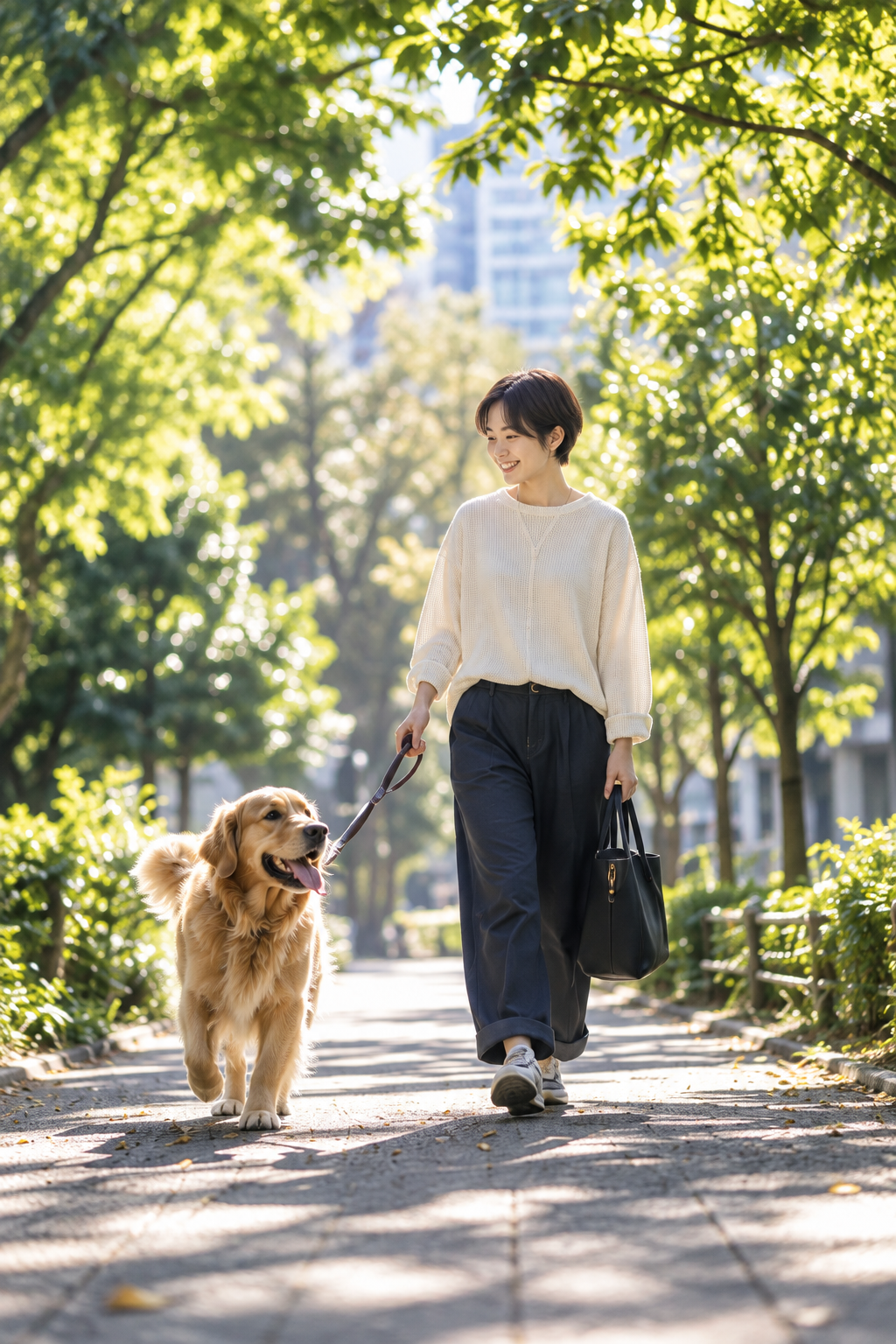 木漏れ日の中で犬と散歩する日常