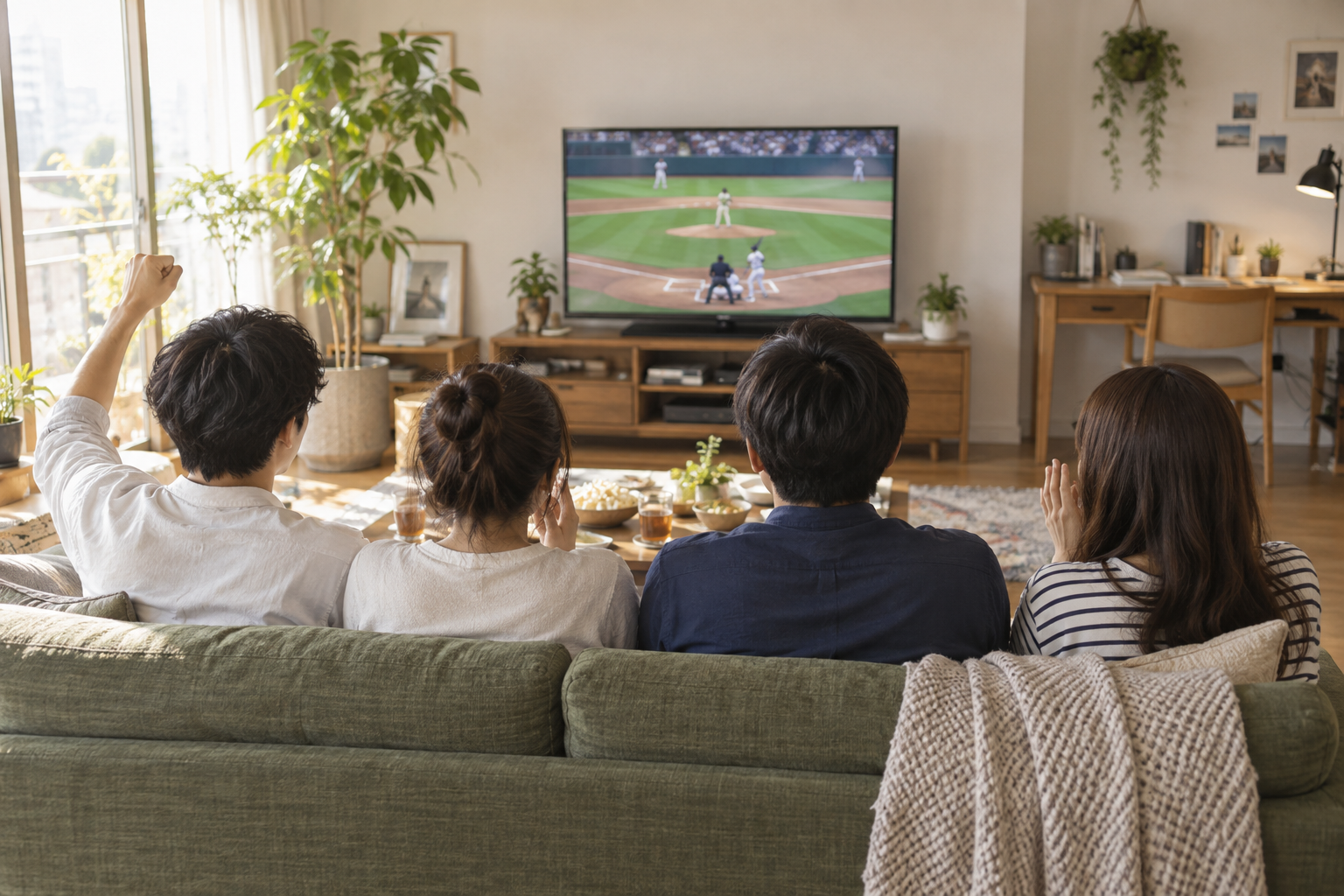 友人とテレビで野球観戦を楽しむ日常